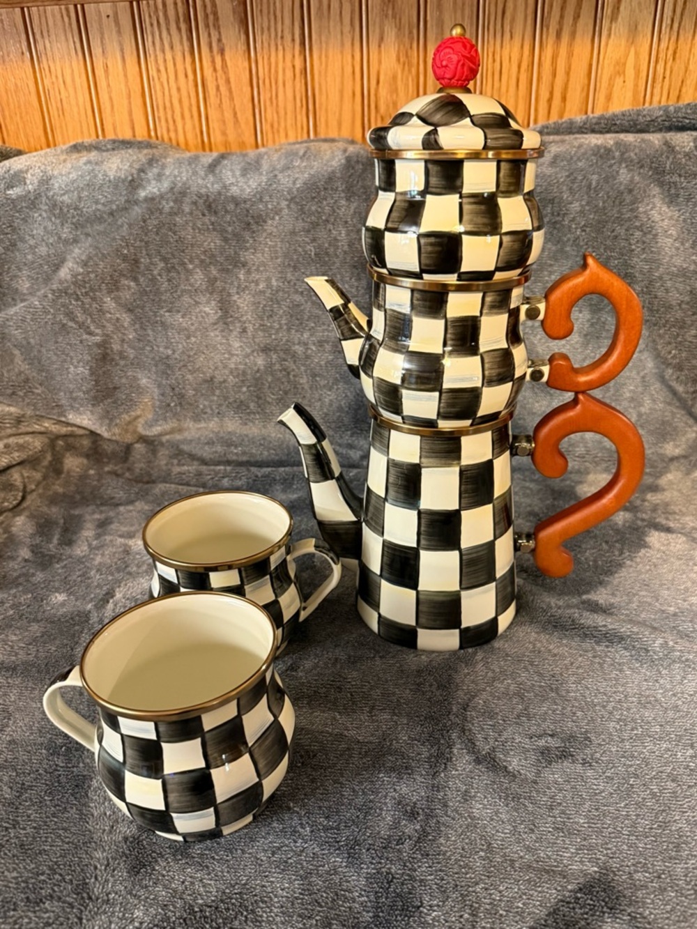 MacKenzie-Childs Courtly Check Stackable Coffee Service Set NEW IN BOX - Picture 2 of 4